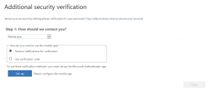 Figure 2. screenshot of additional security verification settings console Step 1