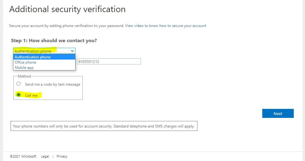 Figure 2. screenshot of additional security verification settings console Step 1